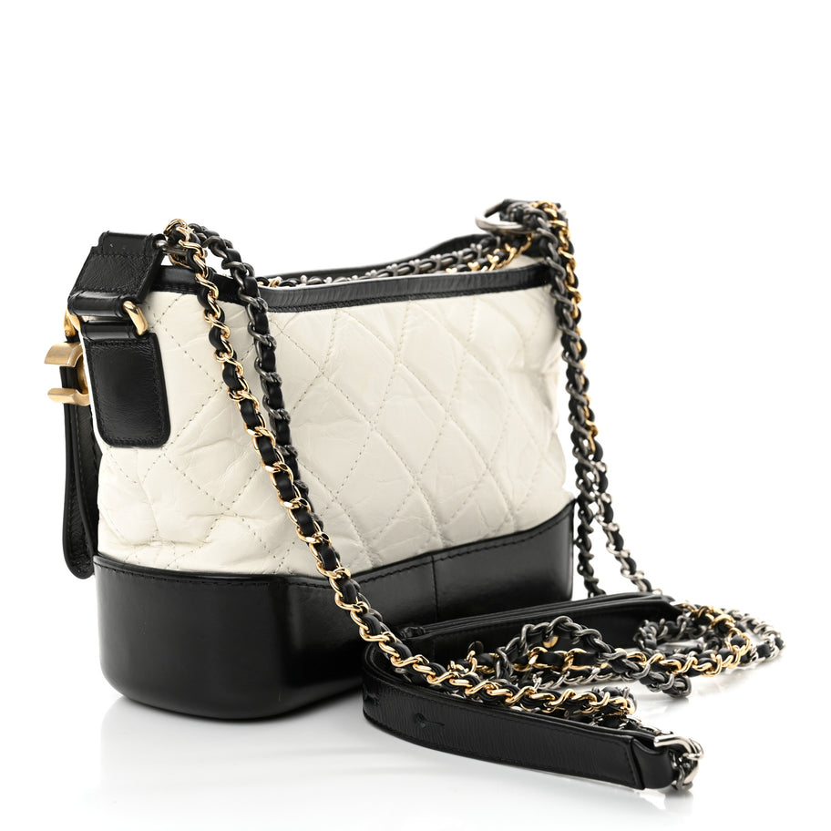Chanel Aged Calfskin Quilted Small Gabrielle Hobo Black White Image 3