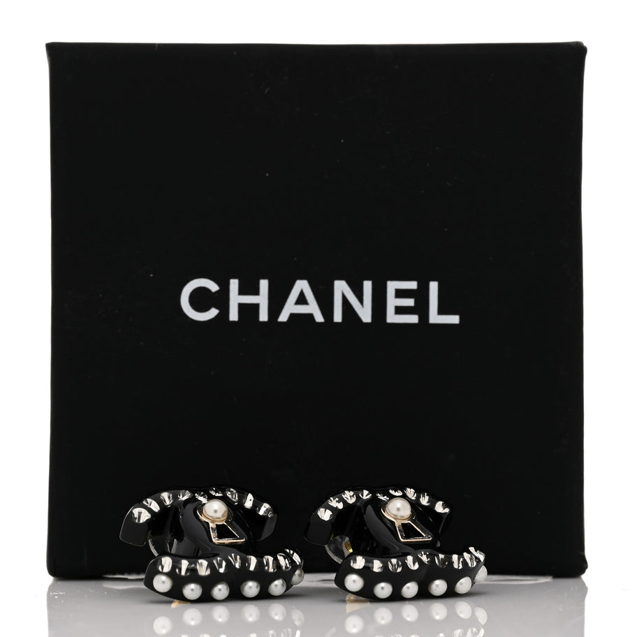 Chanel Resin Crystal Pearl CC Earrings Black Image 5