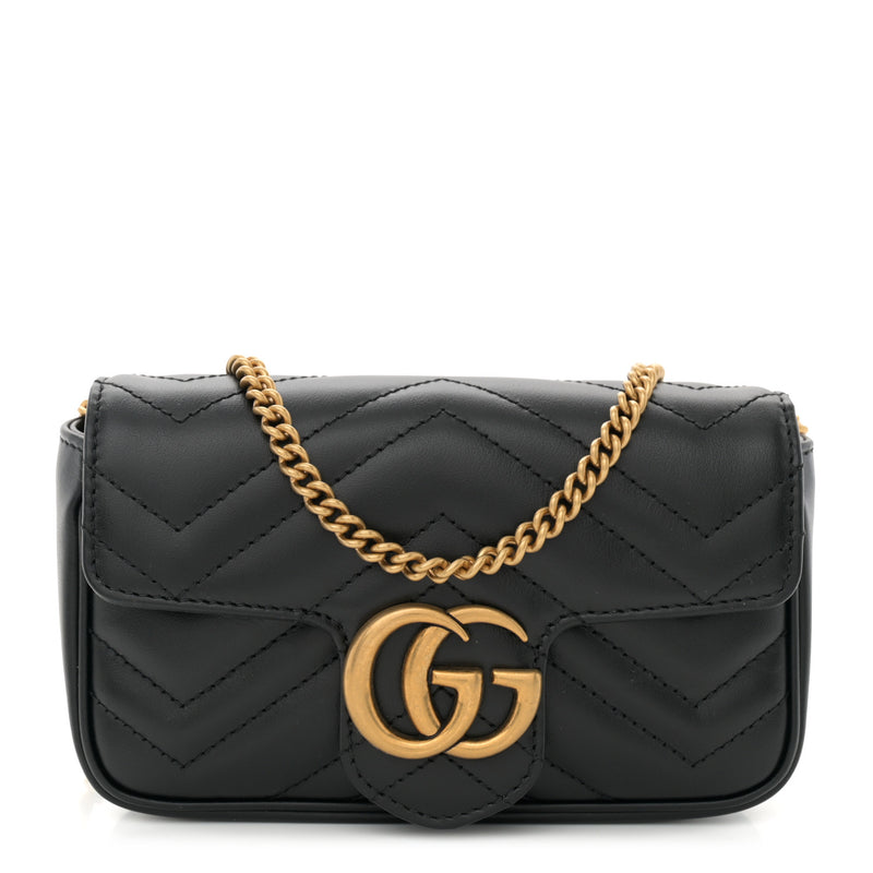  Gucci Calfskin Matelasse Super Mini GG Marmont Shoulder Bag Black