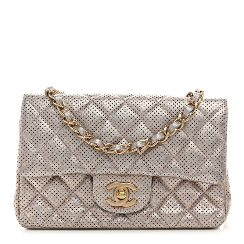 Chanel Metallic Lambskin Perforated Mini Rectangular Flap Light Gold