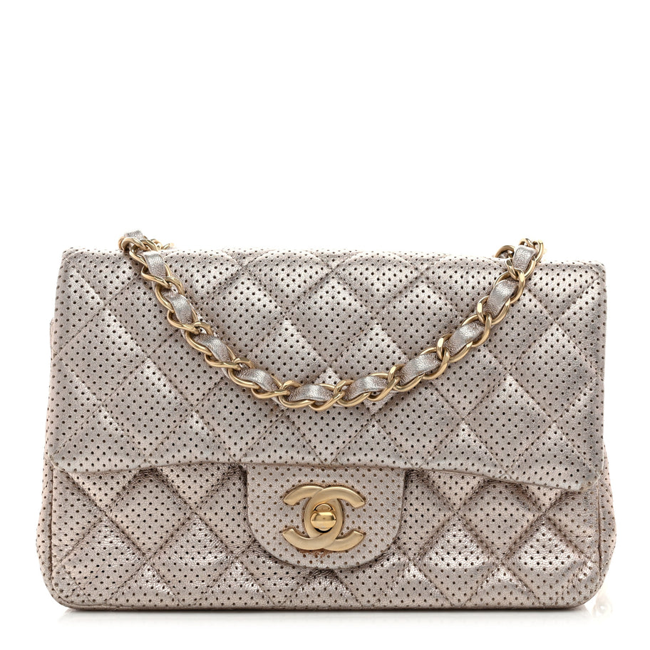 Chanel Metallic Lambskin Perforated Mini Rectangular Flap Light Gold Image 1