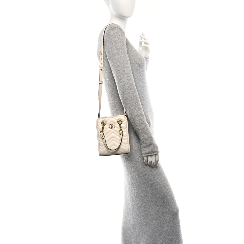  Gucci Calfskin Matelasse Chevron Mini GG Marmont Tote Mystic White