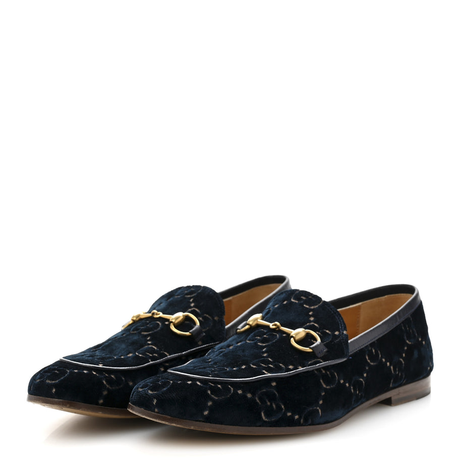 Gucci Velvet GG Monogram Horsebit Mens Jordaan Loafers 8.5 Blue Beige Image 4