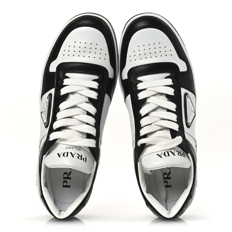  Prada Vitello Sport Spazzolato Rois Metal Triangle Logo Downtown Low Top Sneakers 37.5 White Black