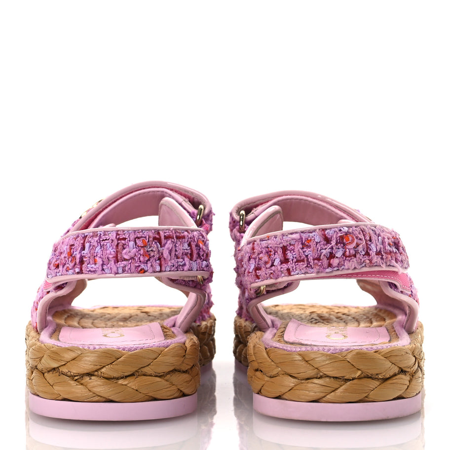 Chanel Tweed Patent Calfskin Velcro Dad Sandals 36 Light Purple Pink Red Image 6