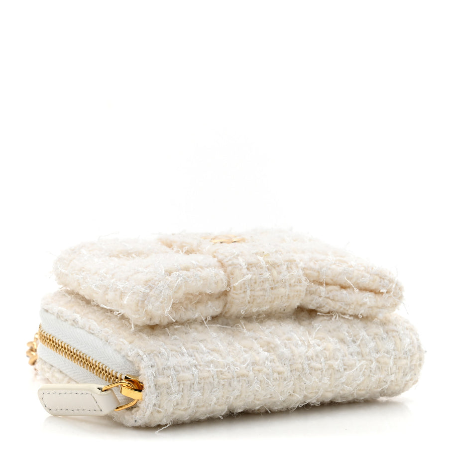 Chanel Tweed Quilted Bow Flap Card Holder On Chain White Image 4