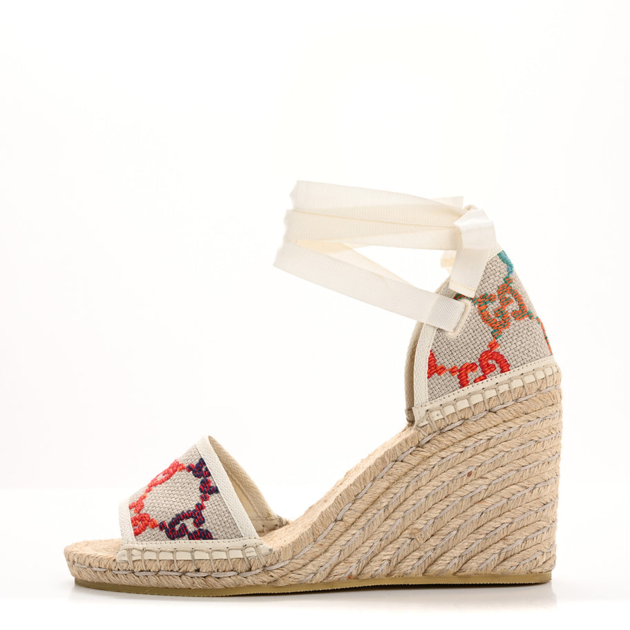 Gucci Linen Psychedelic Mini GG Monogram Ankle Wrap Platform Espadrille Wedge Sandals 39 Multicolor Mystic White Image 1