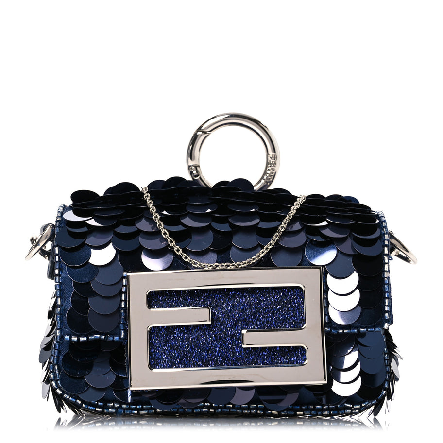 Fendi Sequin Paillettes Shiny Nappa Sex and the City Nano Maxi Buckle Baguette Charm Blue Image 1
