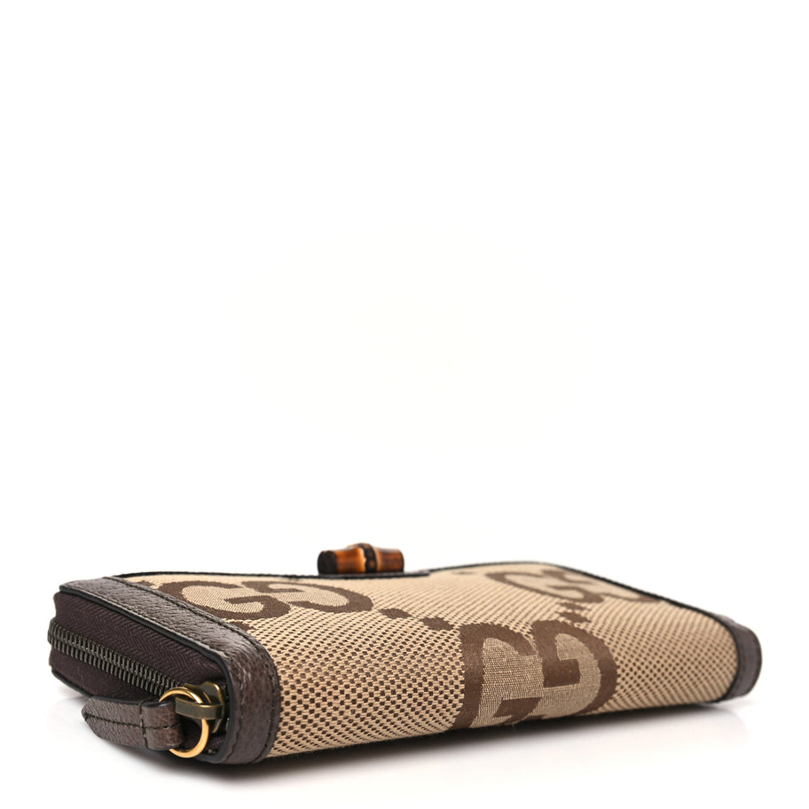 Gucci Monogram Jumbo GG Textured Dollar Calfskin Diana Zip Around Continental Wallet Camel Ebony New Acero Image 4
