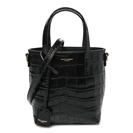  Saint Laurent Calfskin Crocodile Embossed Paris Mini Toy Shopper Tote Black