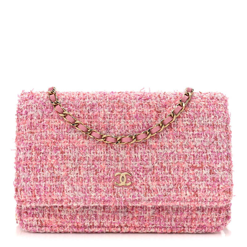  Chanel Tweed Quilted Wallet On Chain WOC Pink