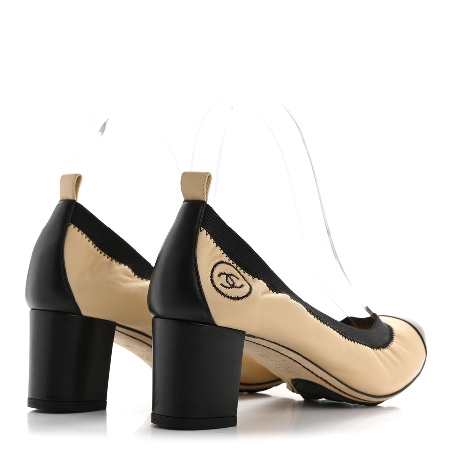 Chanel Lambskin CC Elastic Stretch Pumps 38 Beige Black Image 4