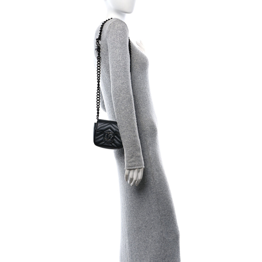 Gucci Calfskin Matelasse Monochrome GG Marmont Chain Mini Belt Bag Black Image 3
