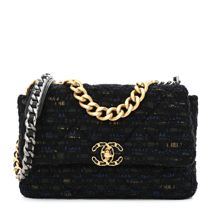  Chanel Tweed Quilted Large 19 Flap Black Navy Gold