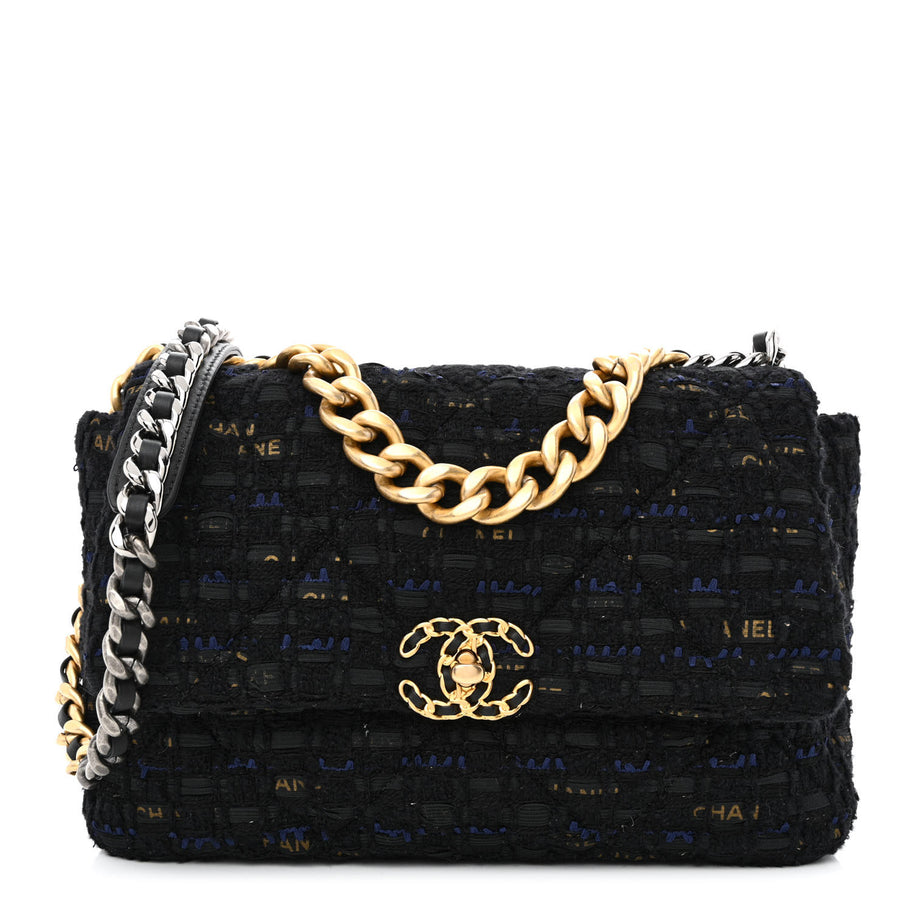 Chanel Tweed Quilted Large 19 Flap Black Navy Gold Image 1