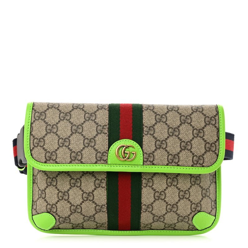  Gucci GG Supreme Monogram Web Small Ophidia Belt Bag Beige Ebony Electric Green