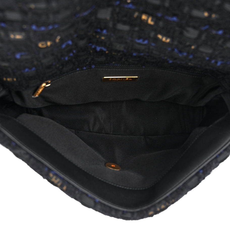 Chanel Tweed Quilted Large 19 Flap Black Navy Gold Image 5