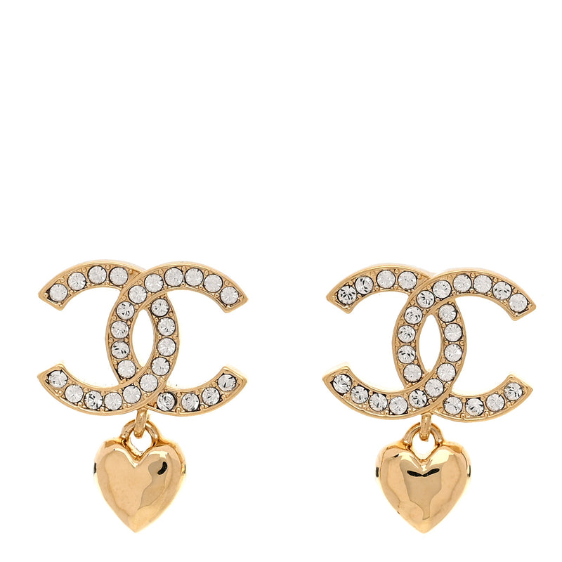  Chanel Metal Crystal CC Heart Drop Earrings Gold