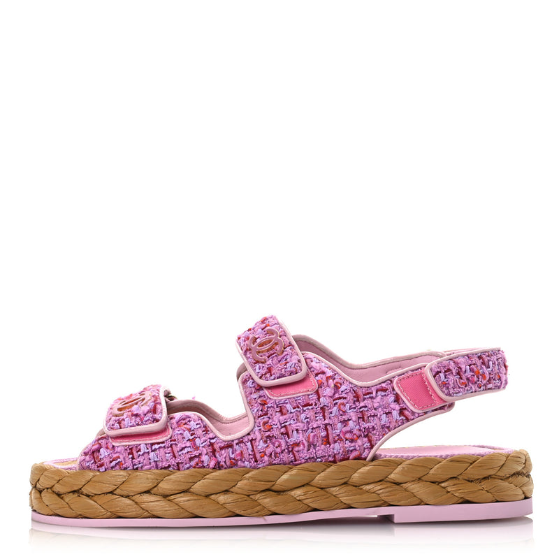  Chanel Tweed Patent Calfskin Velcro Dad Sandals 36 Light Purple Pink Red