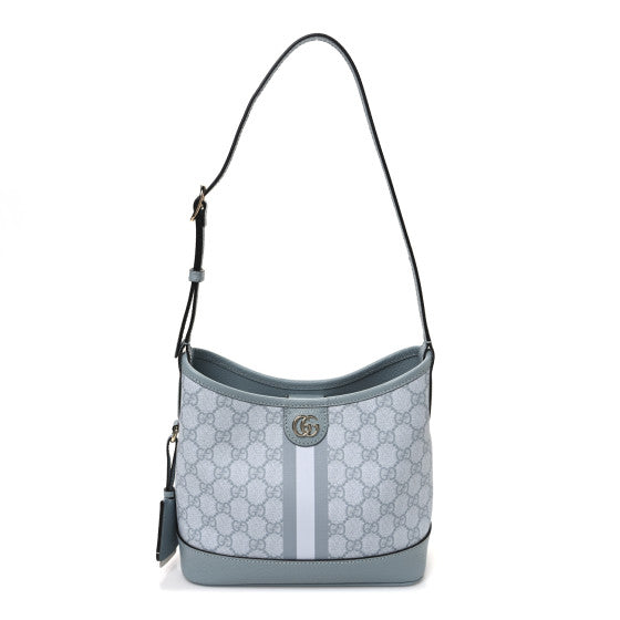 Gucci GG Supreme Monogram Textured Dollar Calfskin Web Small Ophidia Bucket Shoulder Bag Dusty Blue Image 1