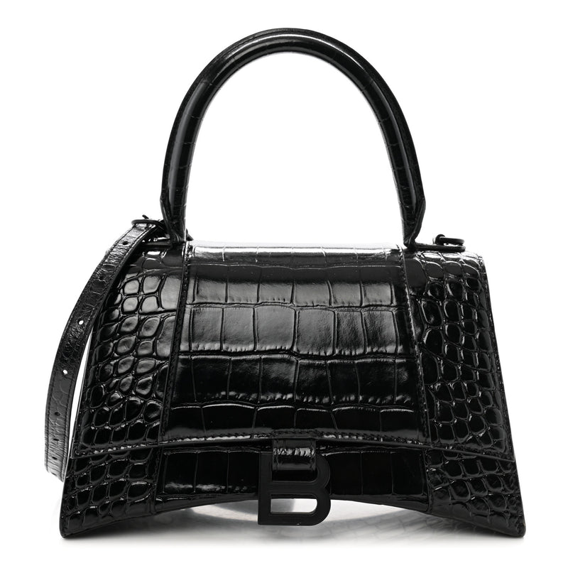  Balenciaga Shiny Calfskin Monochrome Crocodile Embossed Small Hourglass Top Handle Bag Black