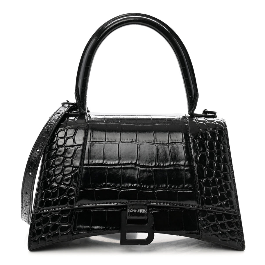 Balenciaga Shiny Calfskin Monochrome Crocodile Embossed Small Hourglass Top Handle Bag Black Image 1