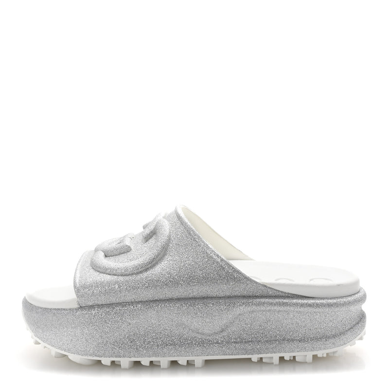  Gucci Glitter Rubber Womens InterLocking G Platform 42mm Slide Sandals 37 Silver