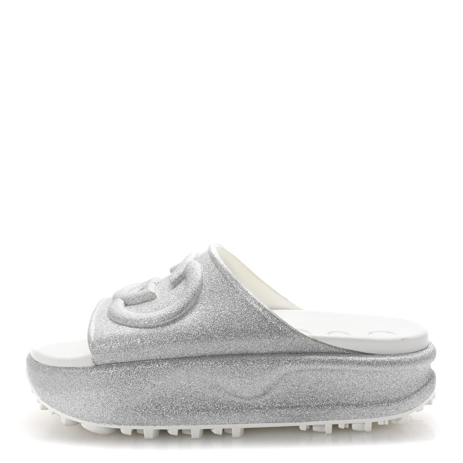 Gucci Glitter Rubber Womens InterLocking G Platform 42mm Slide Sandals 37 Silver Image 1