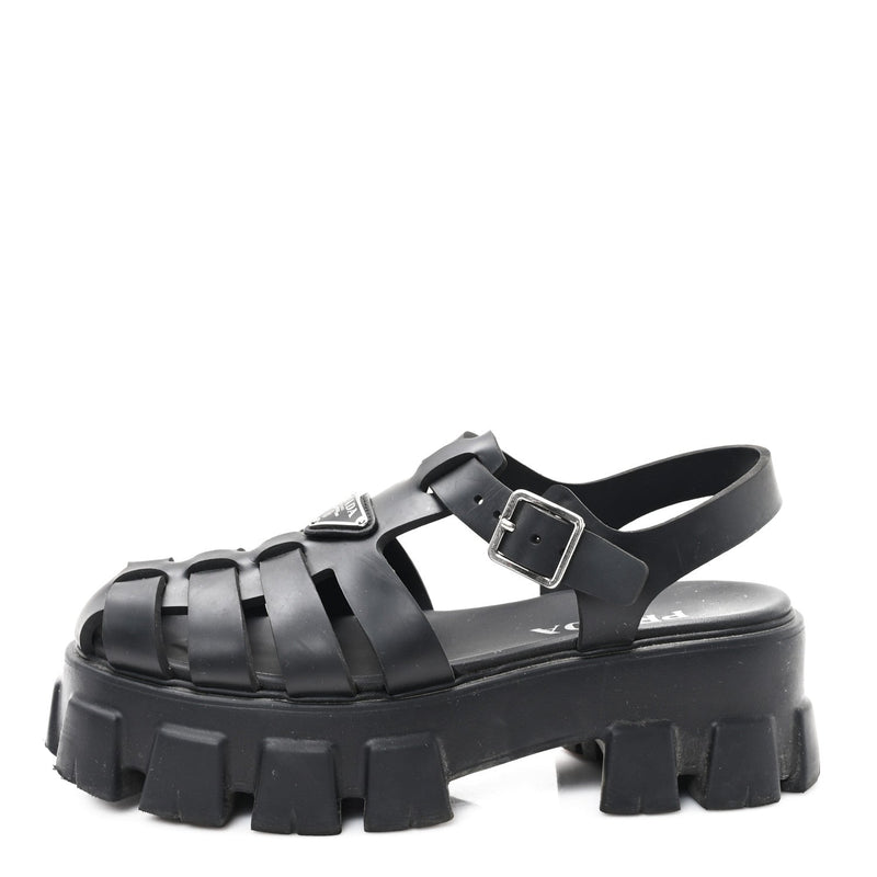 Prada Foam Rubber Triangle Logo Monolith 55mm Cage Sandals 39 Black