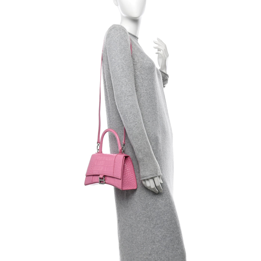 Balenciaga Shiny Calfskin Crocodile Embossed Small Hourglass Top Handle Bag Baby Pink Image 3
