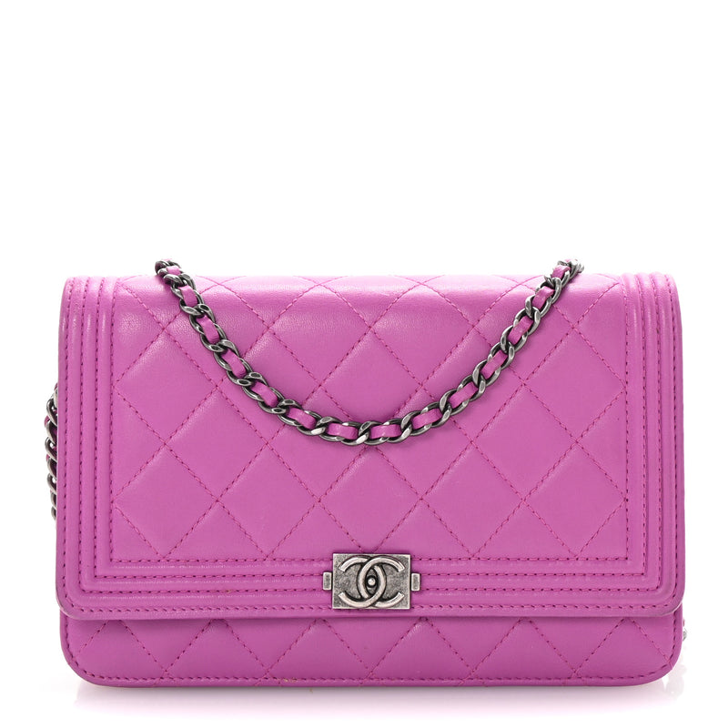  Chanel Lambskin Quilted Boy Wallet On Chain WOC Purple
