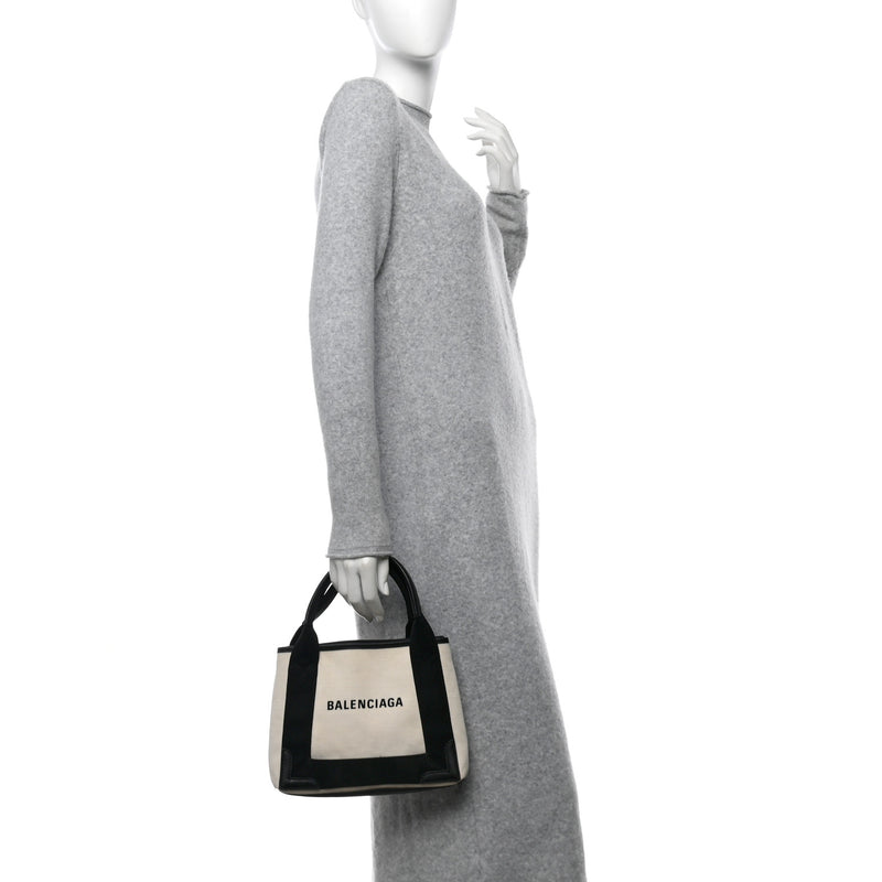  Balenciaga Cotton Canvas Calfskin Navy Cabas XS Natural Black