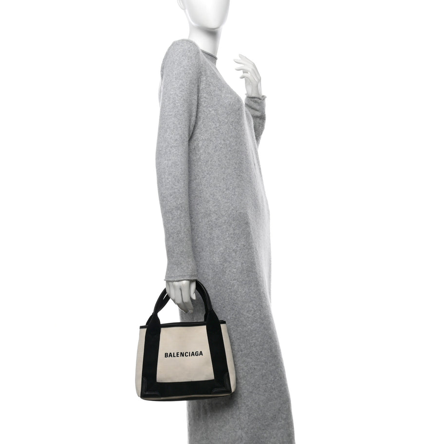 Balenciaga Cotton Canvas Calfskin Navy Cabas XS Natural Black Image 2