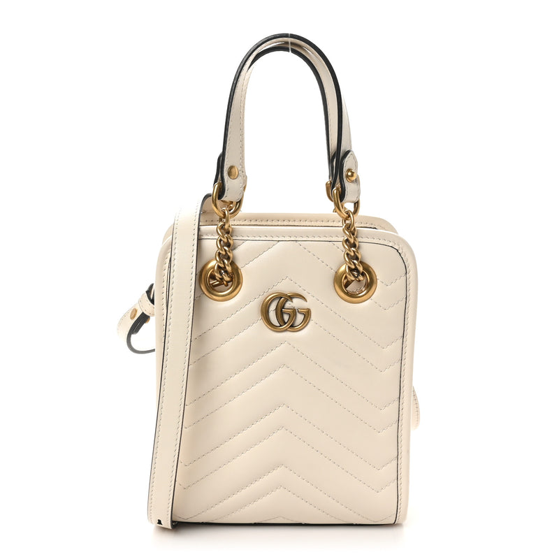  Gucci Calfskin Matelasse Chevron Mini GG Marmont Tote Mystic White