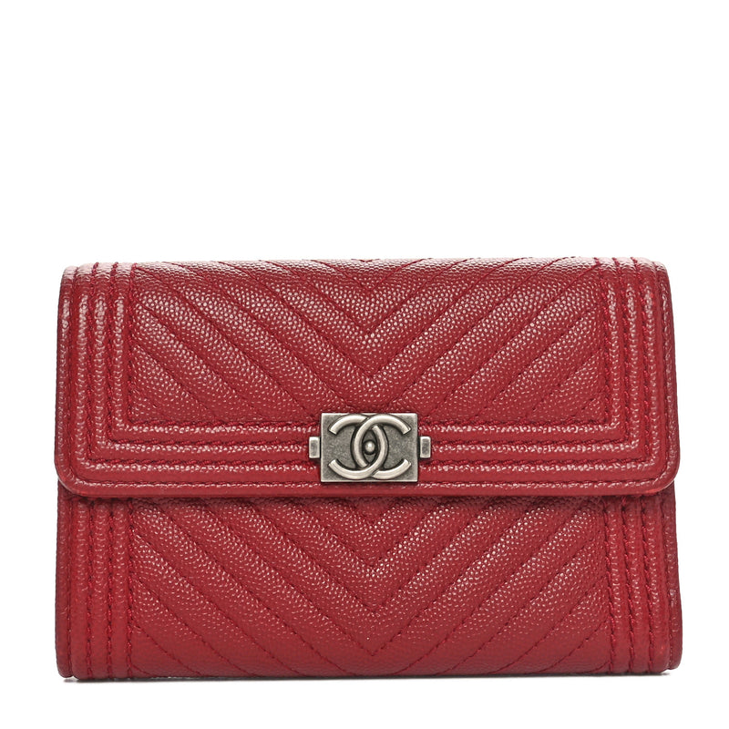  Chanel Caviar Chevron Quilted Boy Flap Wallet Red