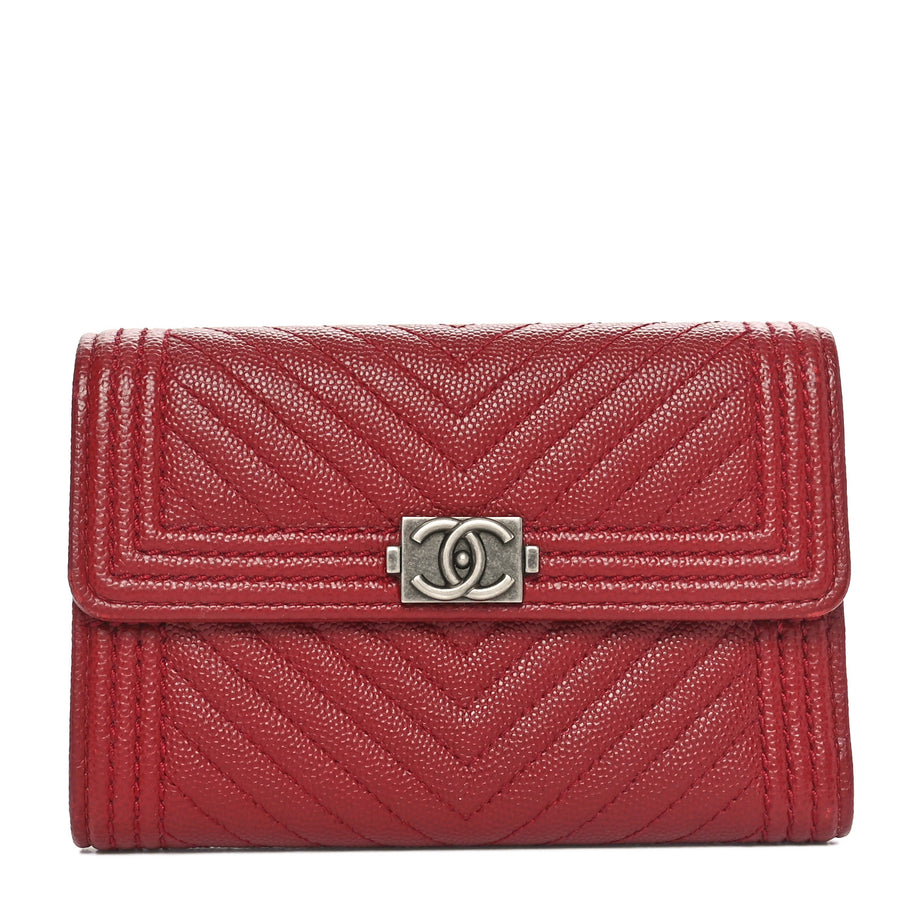 Chanel Caviar Chevron Quilted Boy Flap Wallet Red Image 1