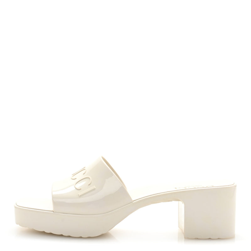  Gucci Rubber Logo Womens Platform 20/60mm Slide Sandals 38 Mystic White