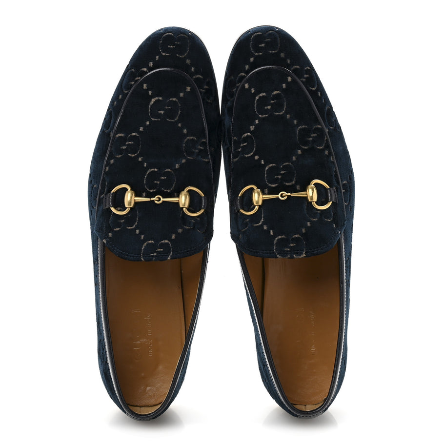Gucci Velvet GG Monogram Horsebit Mens Jordaan Loafers 8.5 Blue Beige Image 2