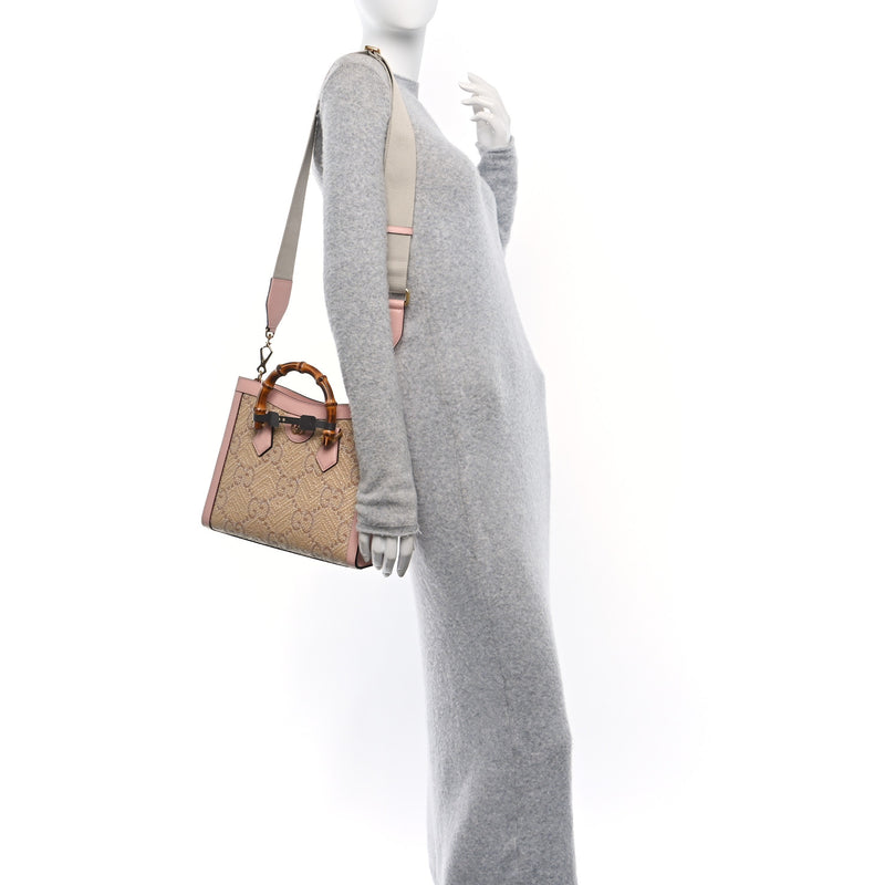  Gucci Raffia Textured Dollar Calfskin GG Monogram Small Diana Tote Bag Wild Rose Fuxia Fluo