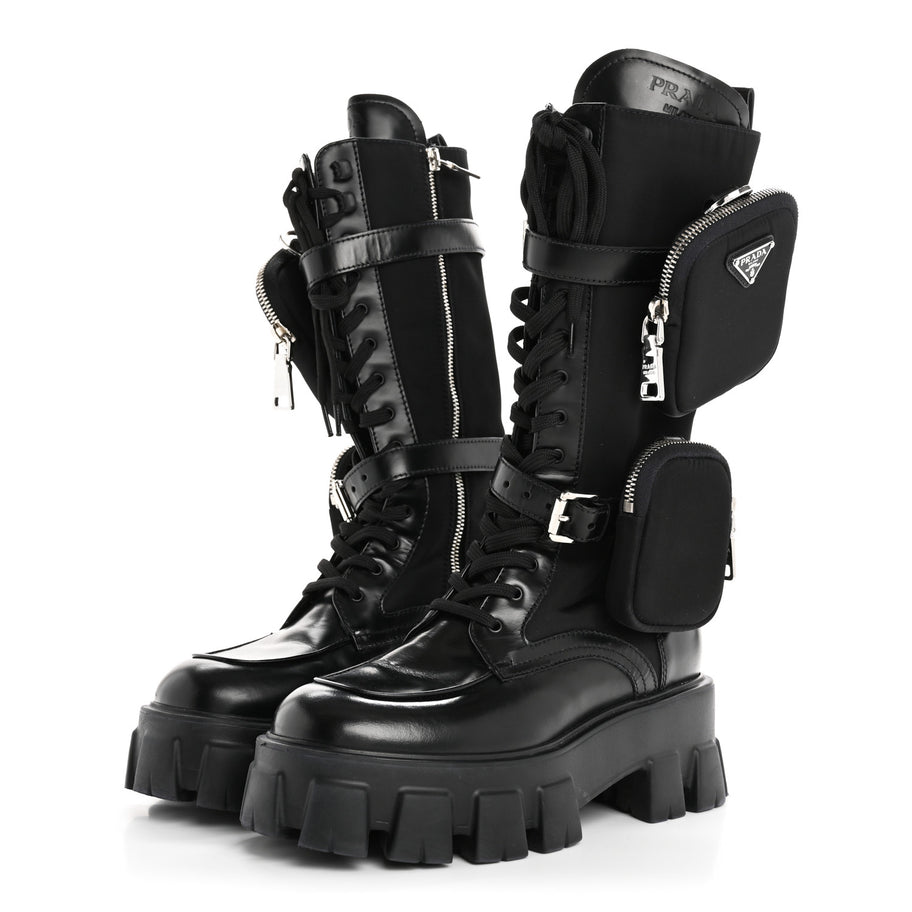 Prada Spazzolato Rois Re-Nylon Metal Triangle Logo Monolith Pouch Pocket 55mm Tall Combat Boots 36.5 Black Image 3