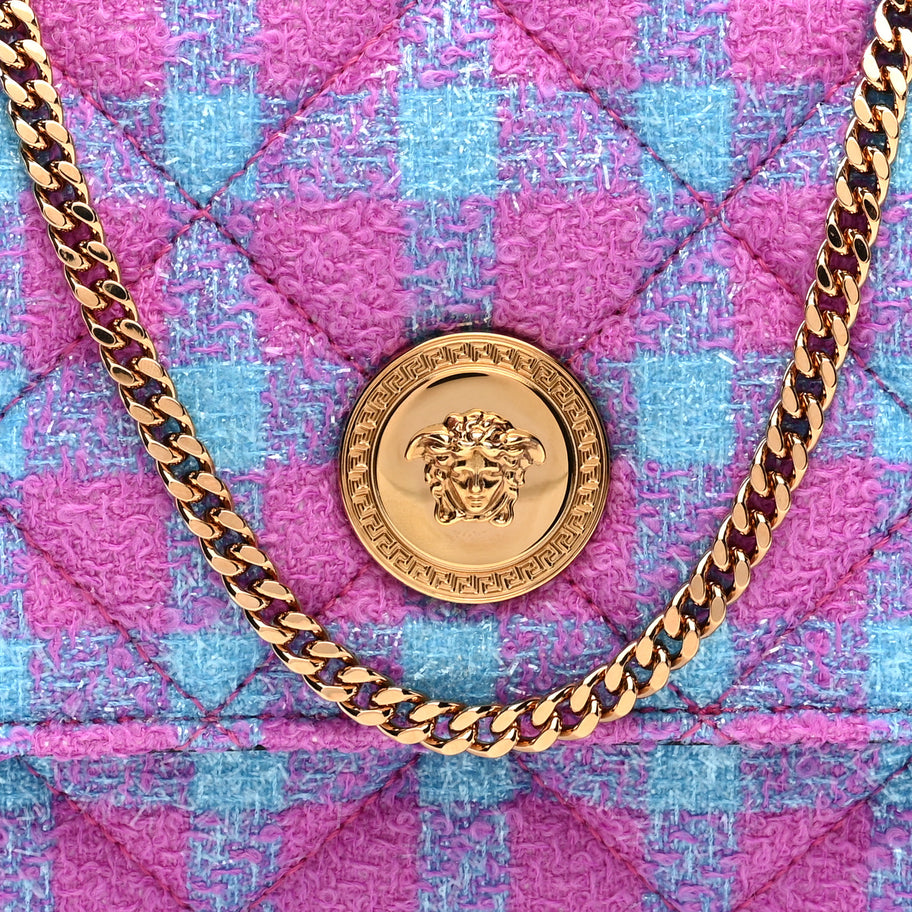 Versace Tweed Quilted Medusa Wallet on Chain Crossbody Pink Blue Image 7