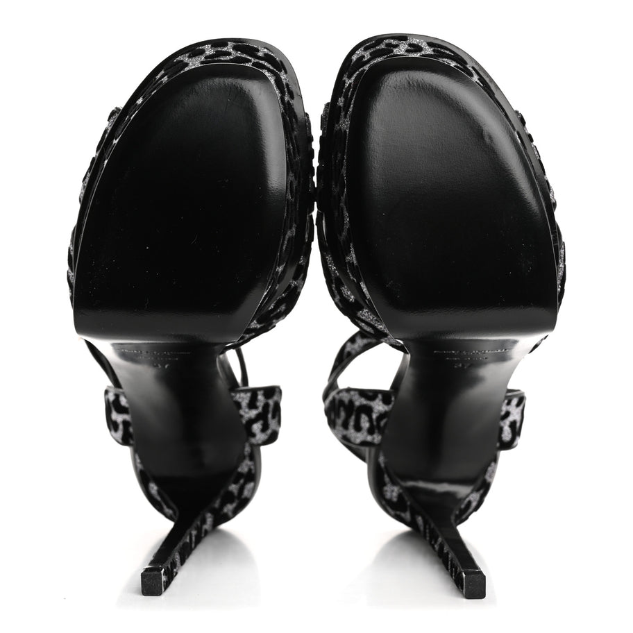 Saint Laurent Velvet Glitter Leopard Print Platform Sandals 37 Argento Black Image 6