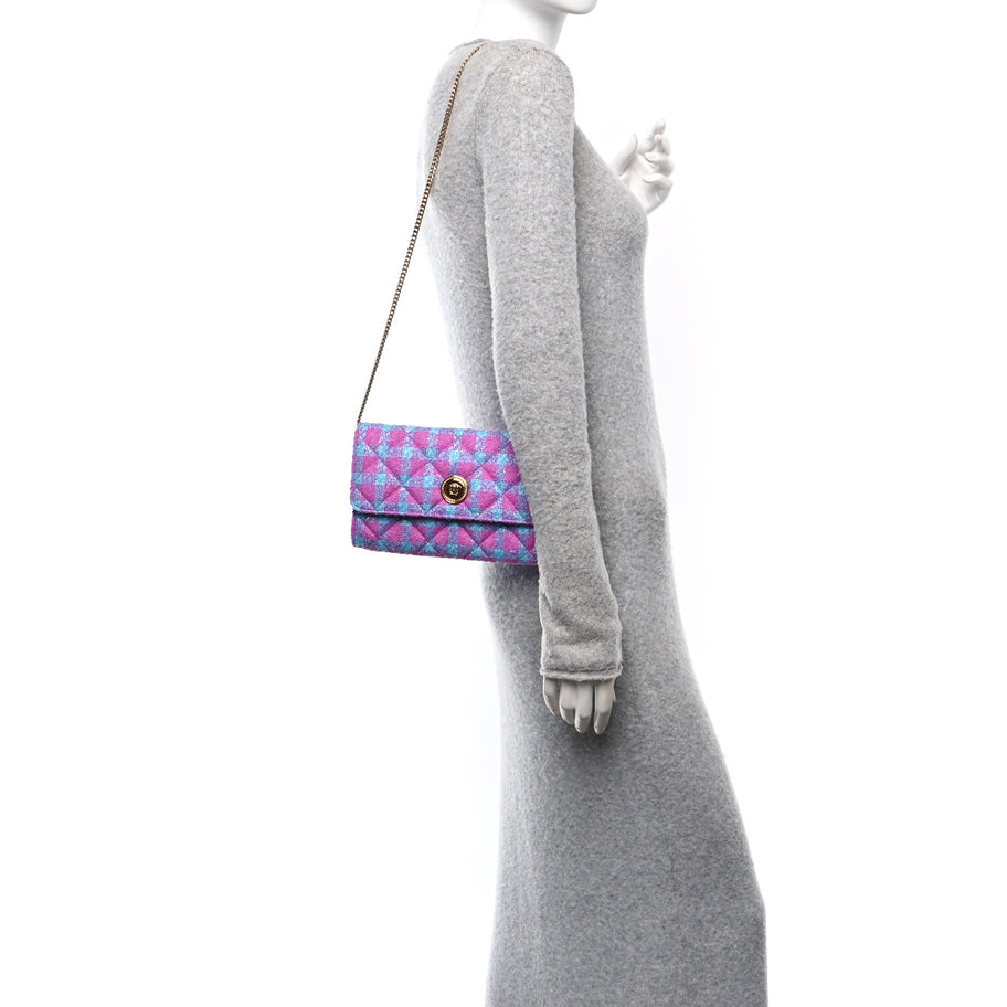 Versace Tweed Quilted Medusa Wallet on Chain Crossbody Pink Blue Image 2