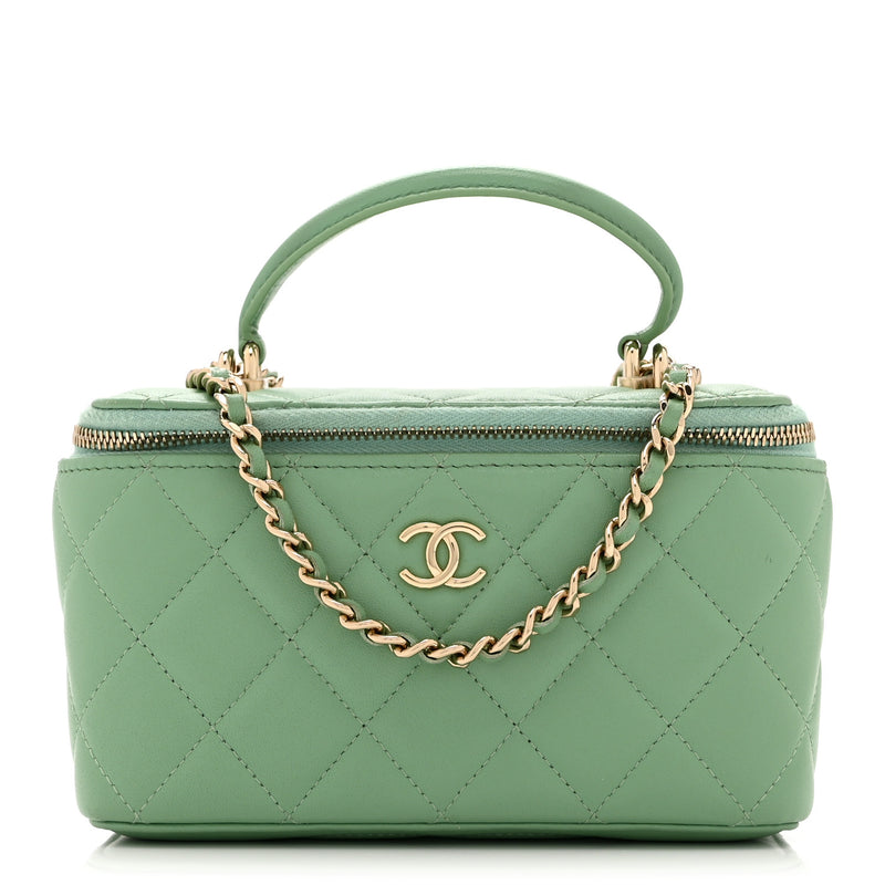  Chanel Lambskin Quilted Small Top Handle Vanity Case With Chain Light Green