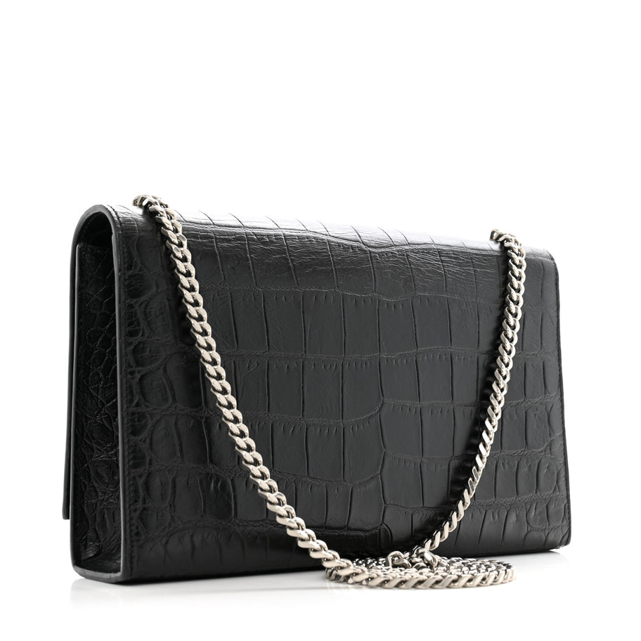 Saint Laurent Calfskin Crocodile Embossed Medium Classic Monogram Kate Tassel Satchel Black Image 3