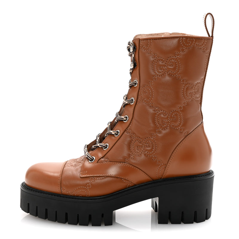  Gucci Cordovan Lux Nappa GG Matelasse Lace Up 60mm Combat Boots 37.5 Dark Hazel Brown