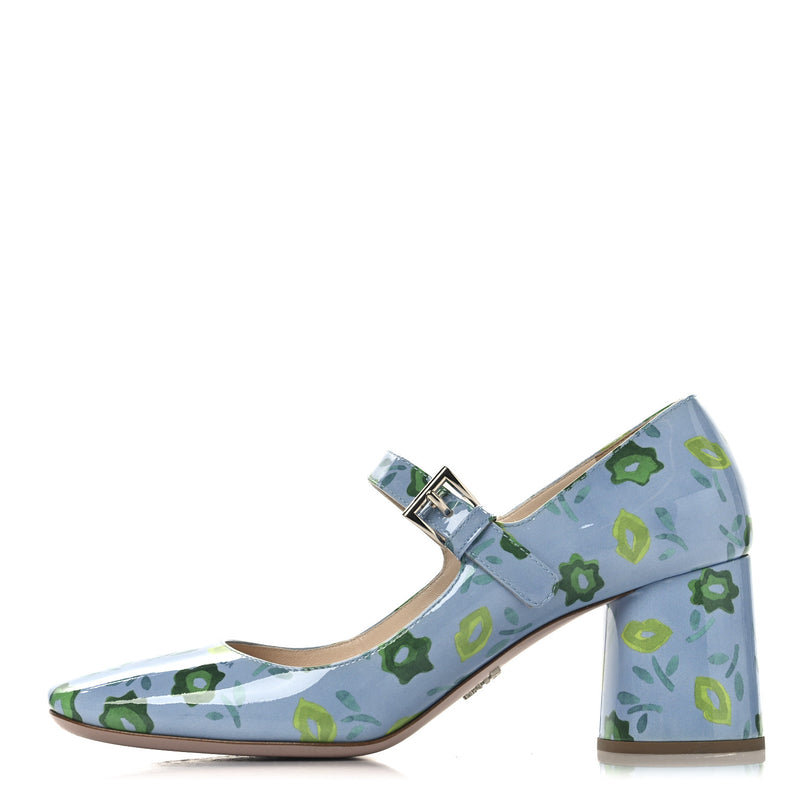  Prada Patent Floral Mary Jane 65mm Pumps 38 Blue
