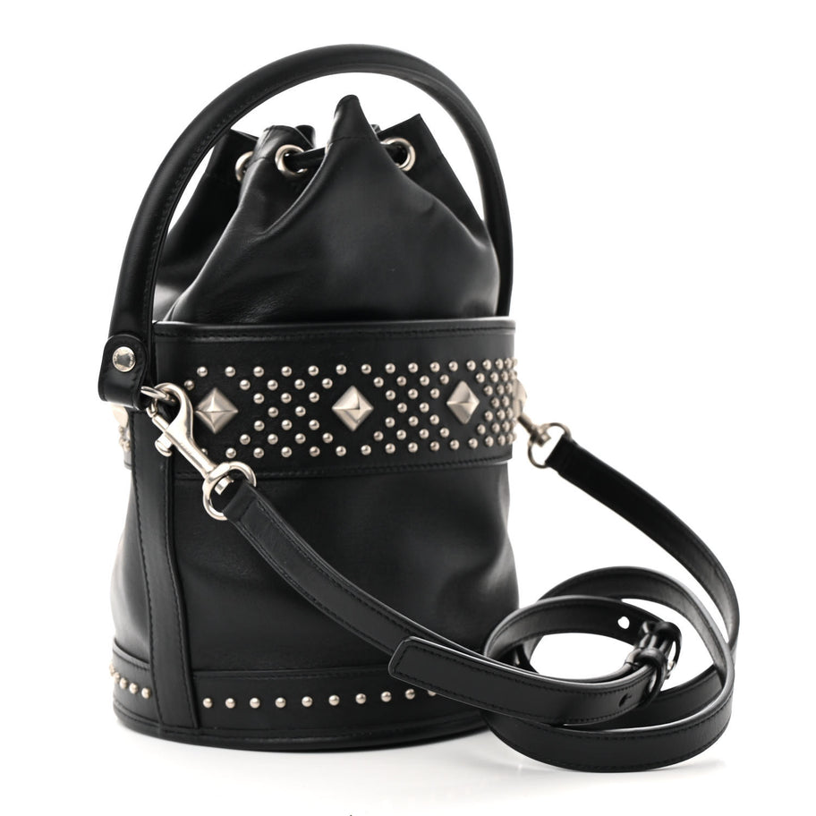 Saint Laurent Smooth Calfskin Studded Small Bahia Drawstring Bucket Bag Black Image 3