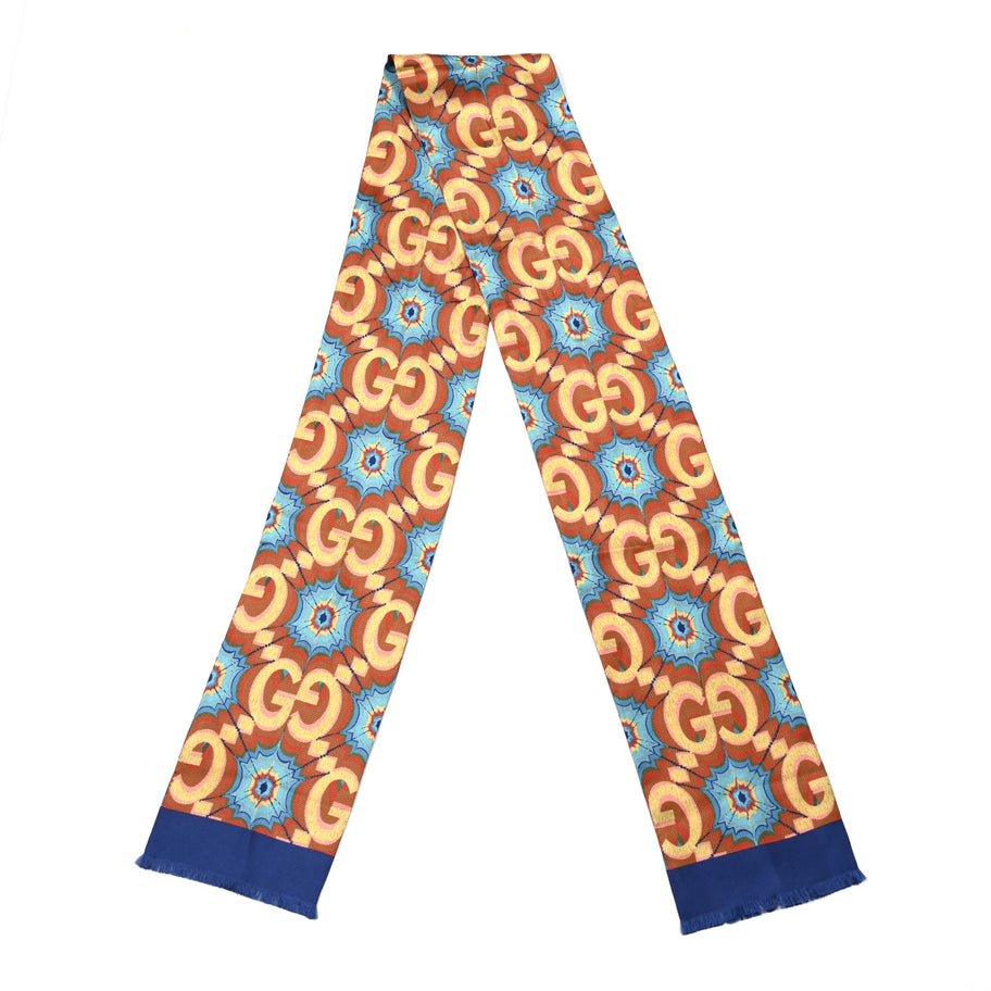 Gucci Silk Monogram Kaleidoscope 100 Fringe Scarf Blue Orange Multicolor Image 2