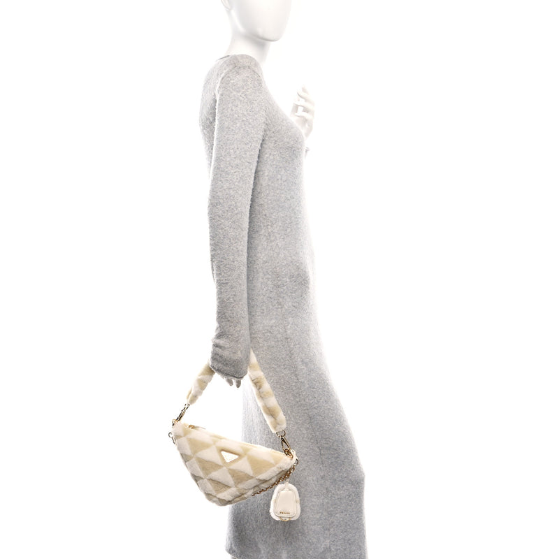  Prada Shearling Symbole Mini Triangle Bag Ecru White